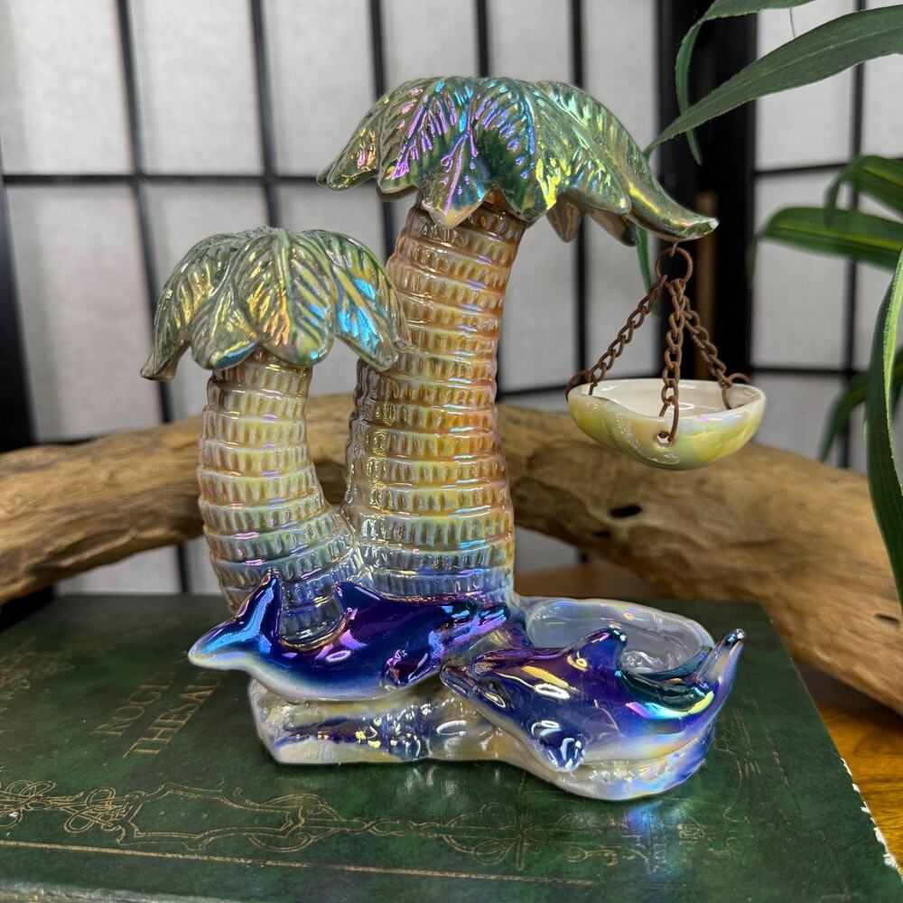 Vintage Palm Tree Trinket Figurine Colorful with Dolphins Beach Decor